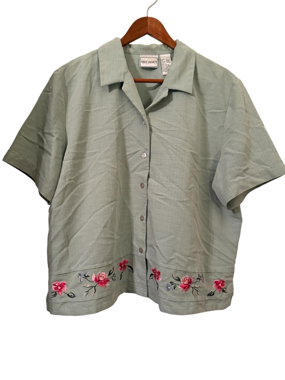 Napa Valley Embroidered Floral Blouse Women’s Large Sage Green Boho Top